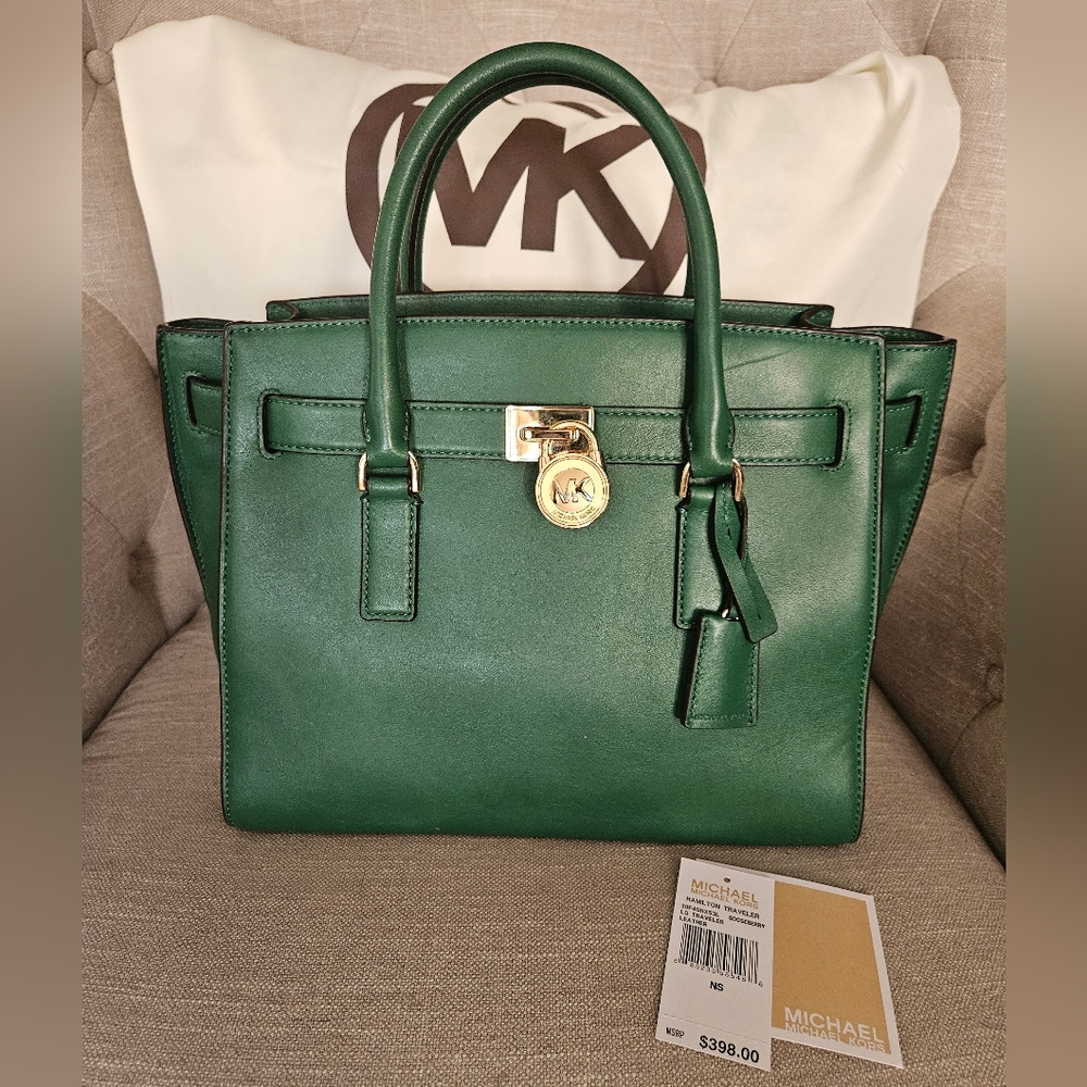 Michael Kors Hamilton Traveler Green Leather Satchel Bag